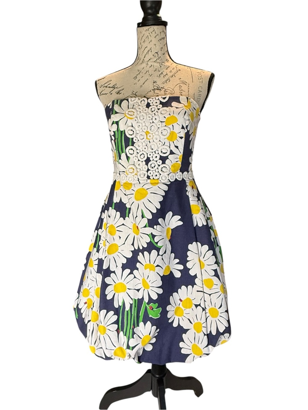 Lilly Pulitzer Navy Blue Strapless Daisy Print Sundress with Eyelet Bodice Size